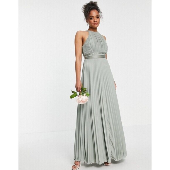 ASOS Design Size 4 Maxi Dress Bridesmaid Pleated Pinny with Satin Wrap Waist NWT - Picture 3 of 12